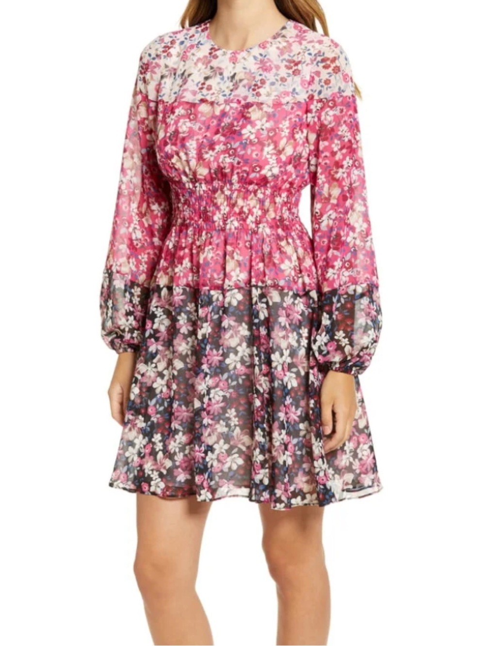 Eliza J Pink Floral Long Sleeve Petite Smocked Waist Dress NWT 8P